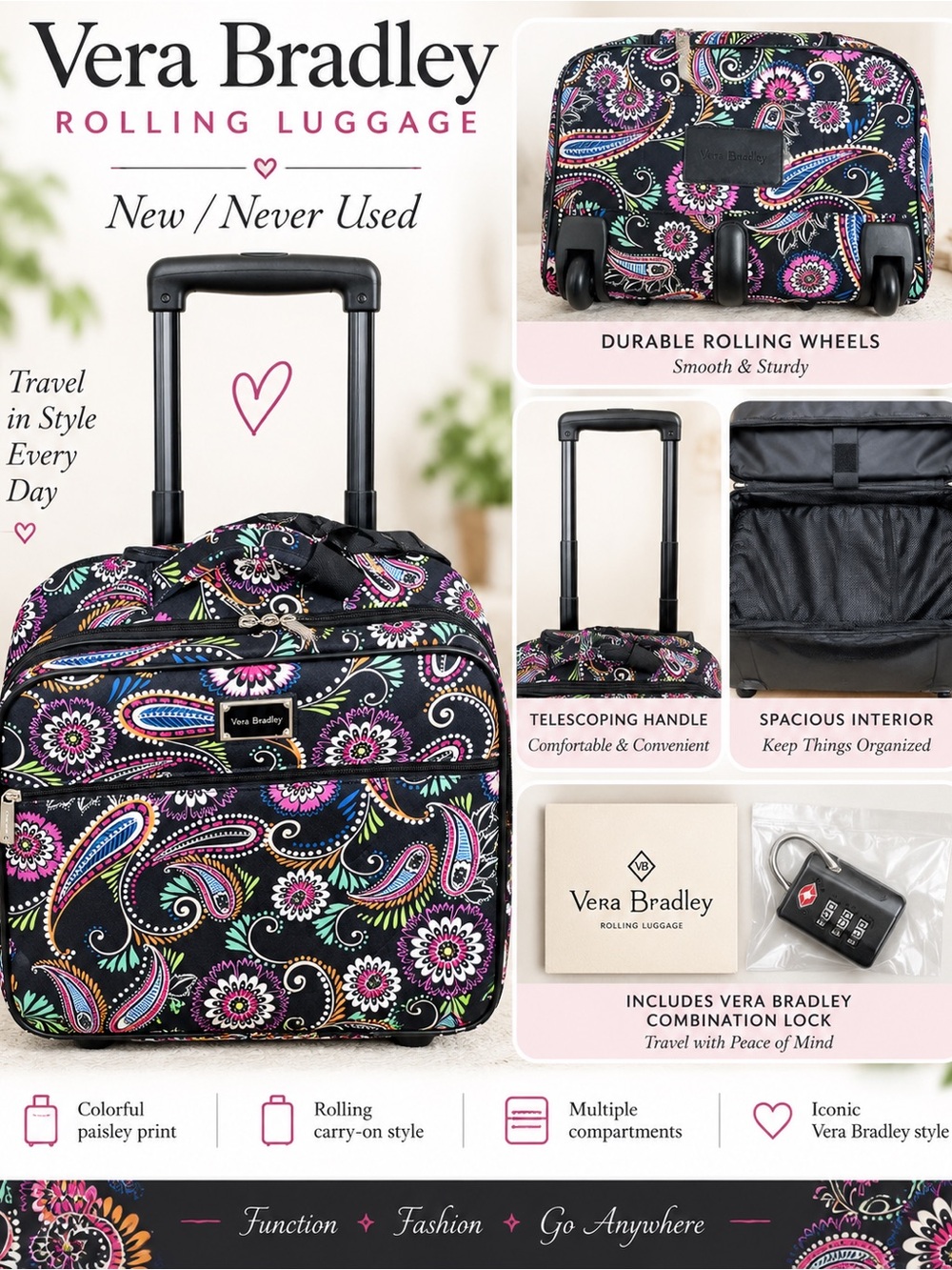 Vera Bradley Black Paisley Rolling Carry-On with Pink & Teal Accents